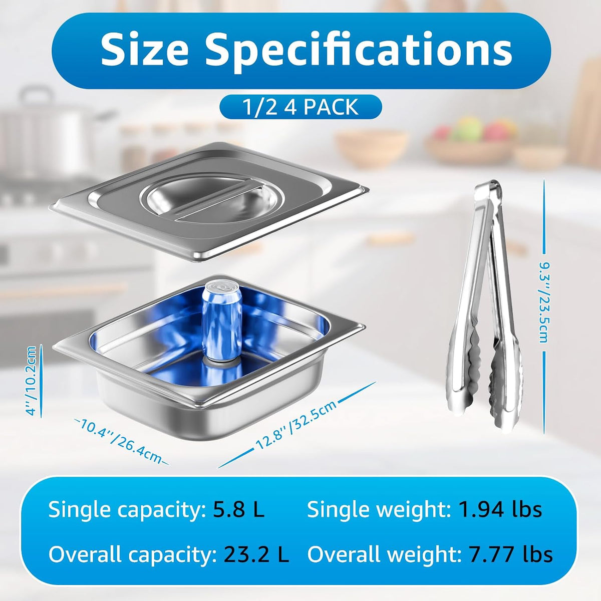 1/2 Half Size Hotel Pans with Lids | 4" Deep (4 Pack) | 4 Kitchen Tongs