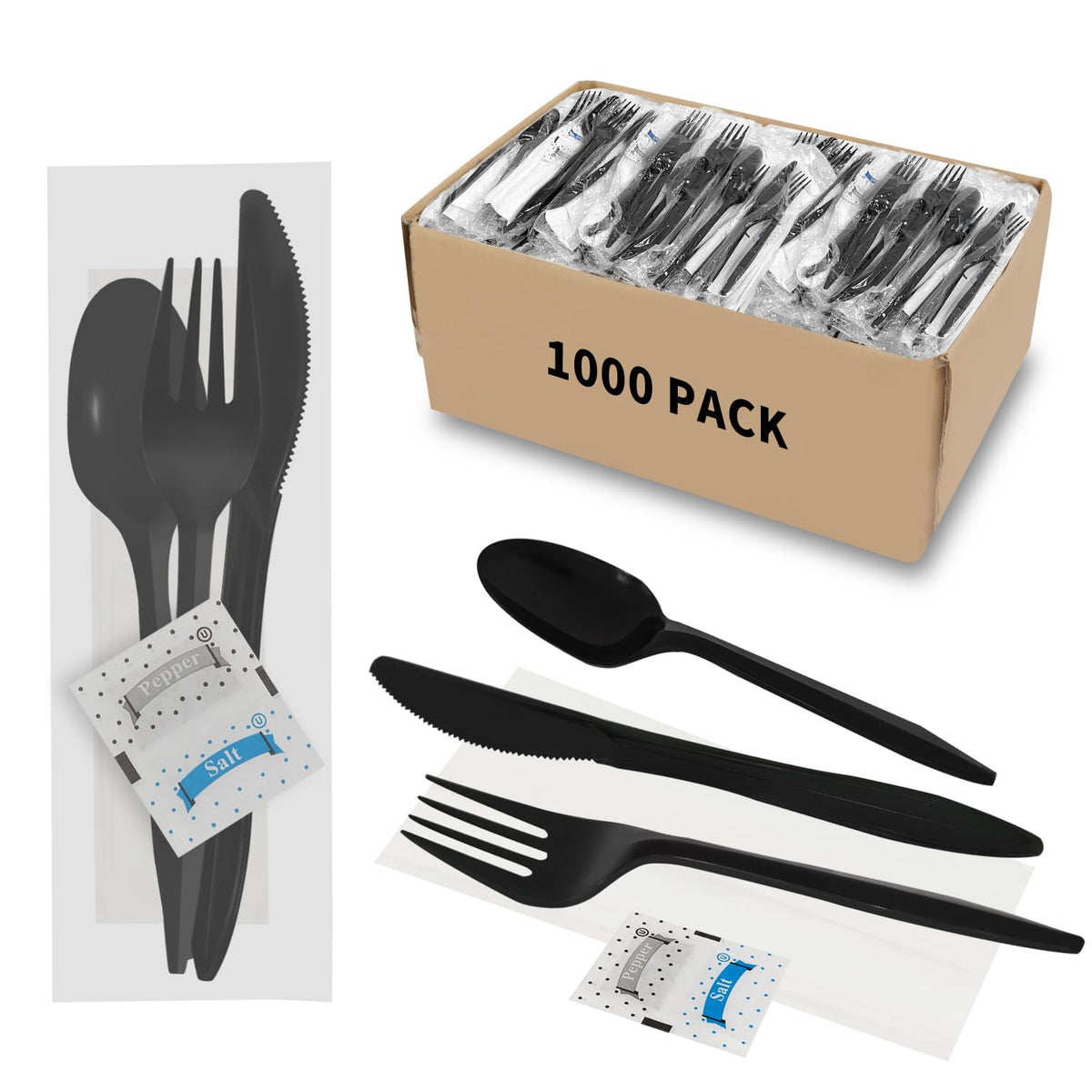 Knife Fork Spoon Napkin Salt Pepper Sets, Individually Wrapped Black Plastic Cutlery Packets for Delivery