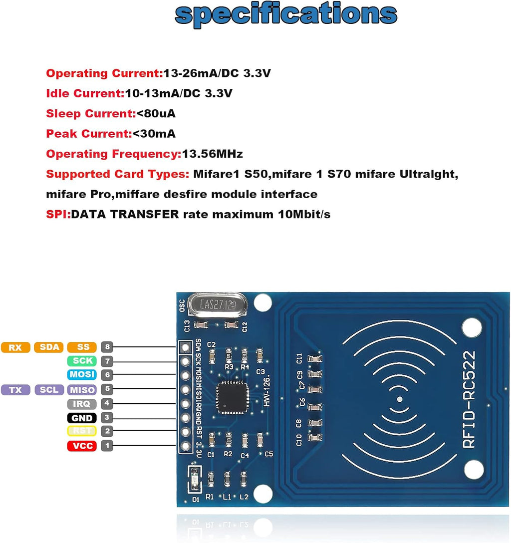 5PCS RFID Kit Mifare RC522 Reader Module RF IC Card Sensor Module with S50 White Card+Key Ring