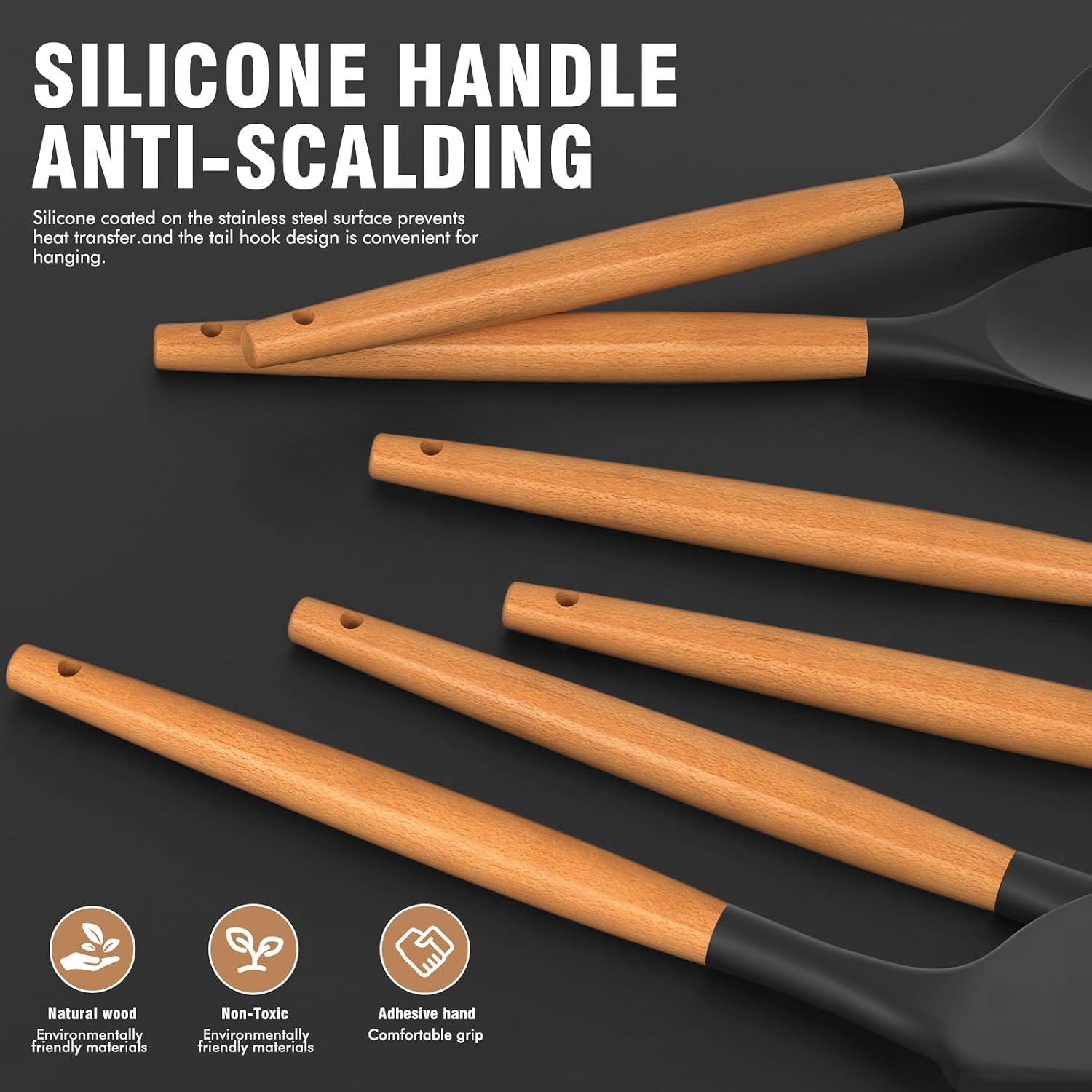 Silicone Cooking Utensils Set - AVGPD Silicone Kitchen Utensils for Cooking Wooden Handles, 446°F Heat Resistant