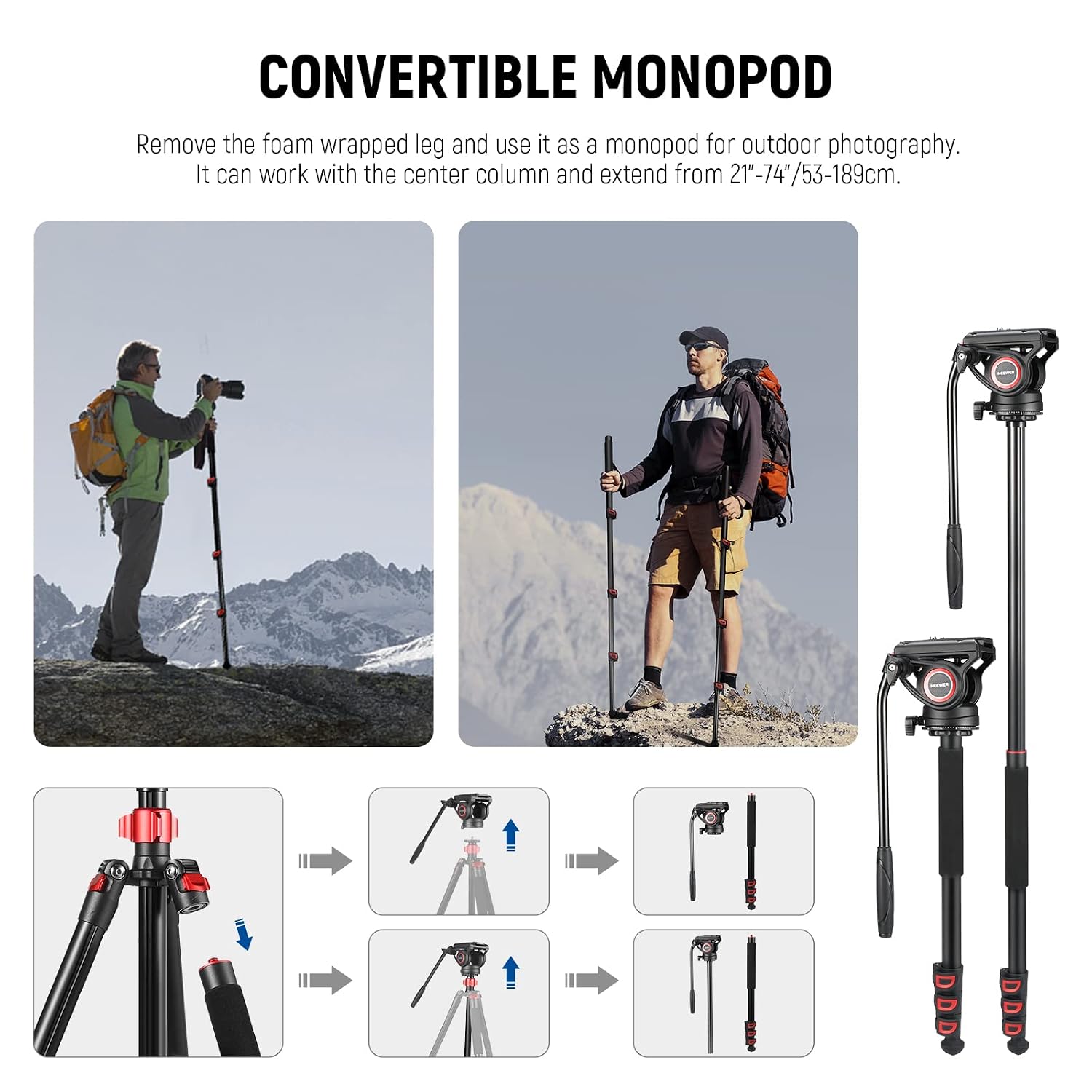72" Fluid Head Video Tripod Monopod, Aluminum Alloy QR Plate Compatible with DJI RS Gimbal, 360° Pan & +90°/-70° Tilt