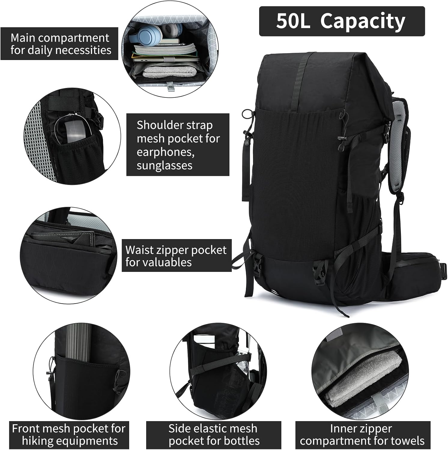 Hiking Backpack,40L to 50L Extra Large Capacity Hiking Bag,Internal Frame Camping Backpack,Upgraded X-PAC Lightweight