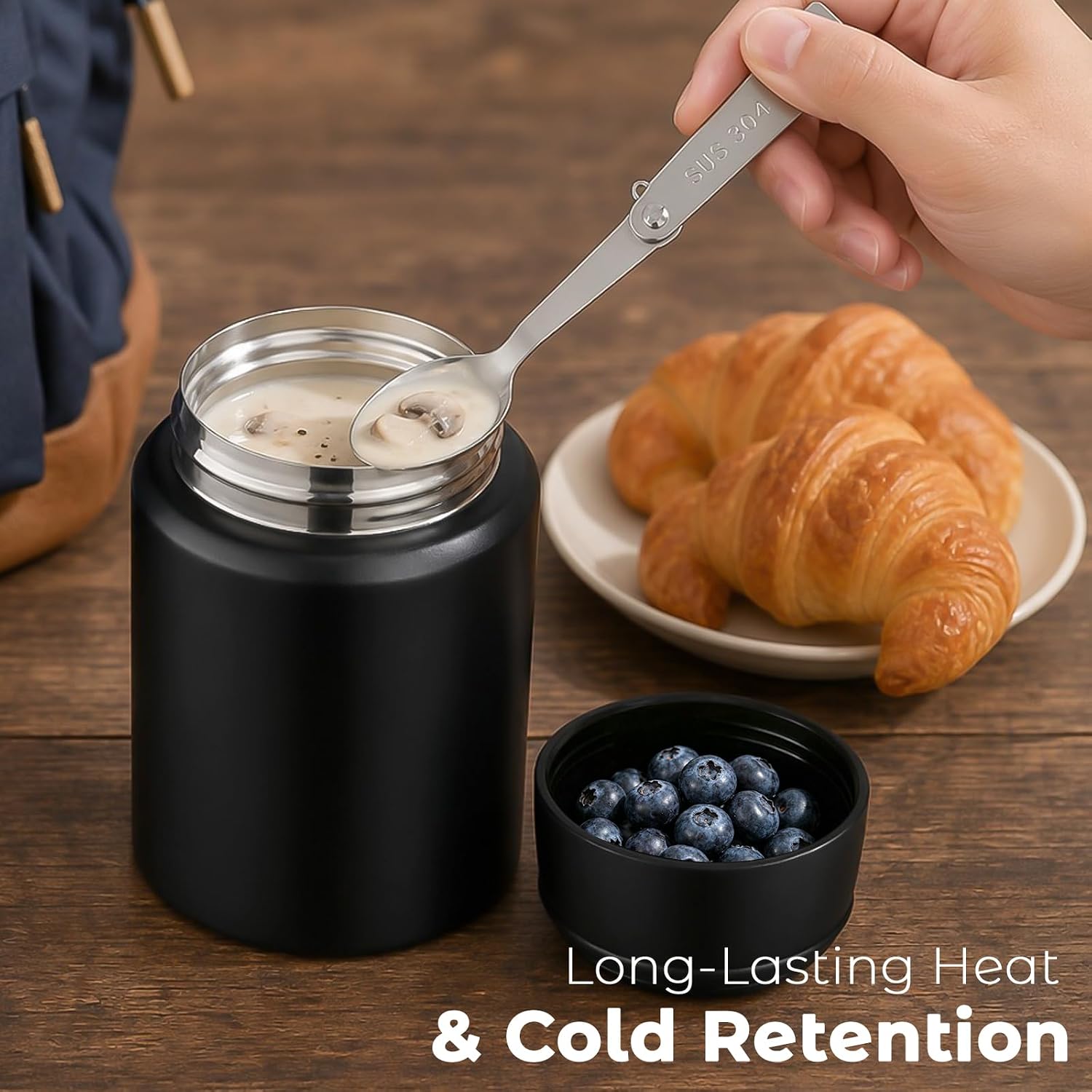 16oz Insulated Food Jar with Spoon, Stainless Steel, Black | insulated food jar, stainless steel, hot 12h cold 24h