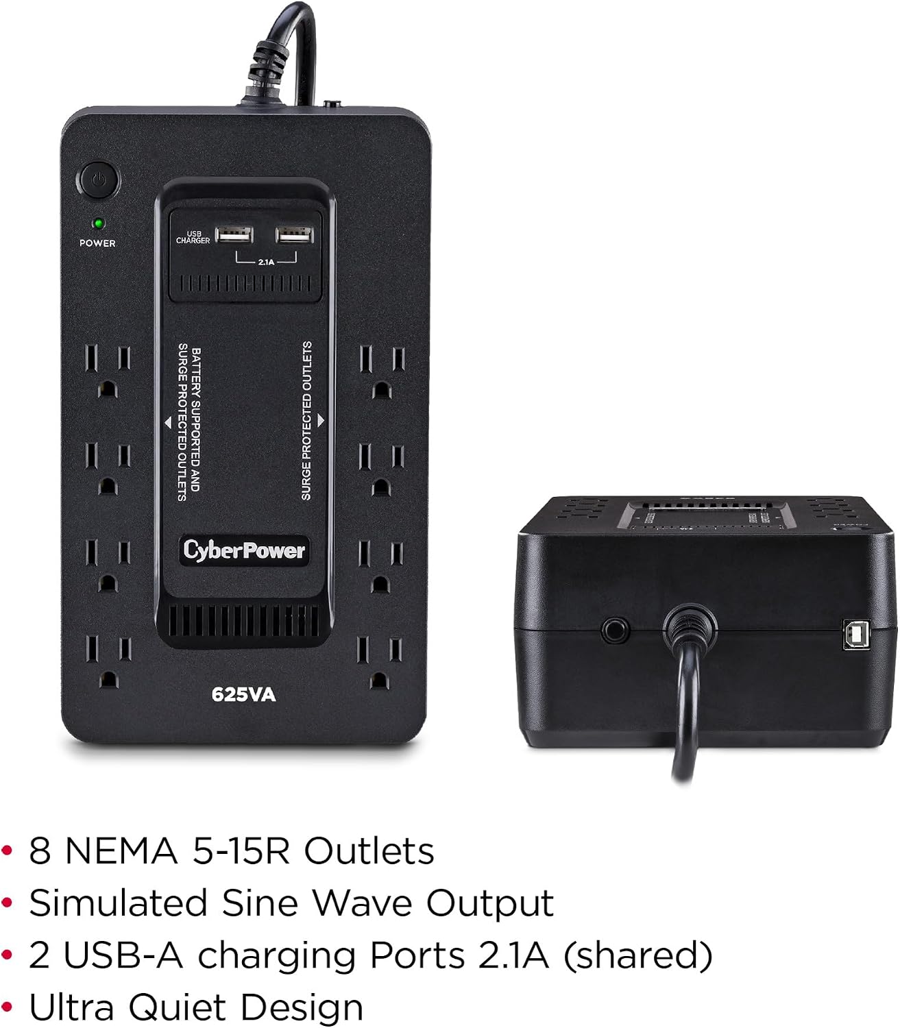 ST625U Standby UPS Battery Backup and Surge Protector | 625VA/360W, 8 Outlets, 2 USB Charging Ports, Compact, UL