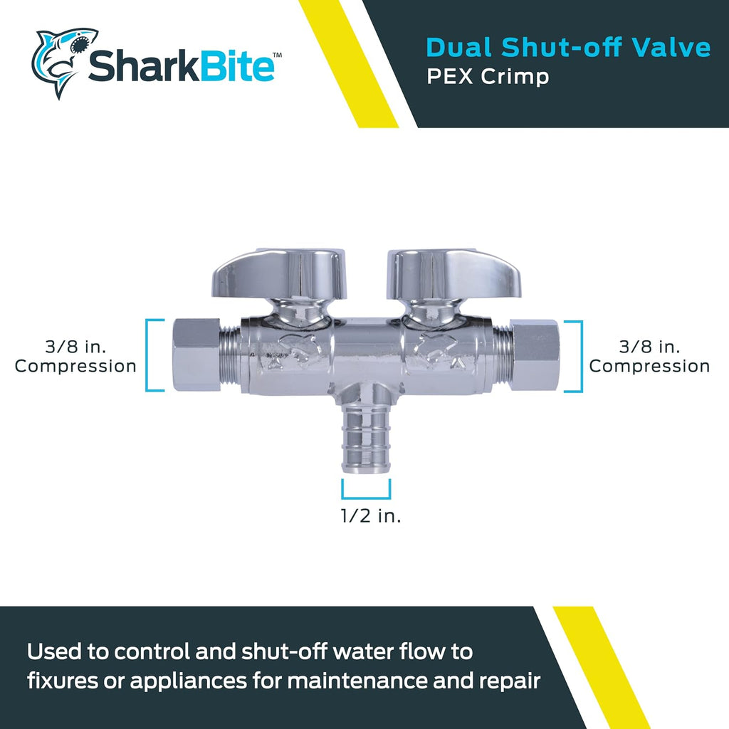 1/2 x 3/8 x 3/8 Inch Brass Crimp Angle Stop Valve, Dual Shut Off, Quarter Turn, PEX Pipe, PE-RT, UCDS123838Z