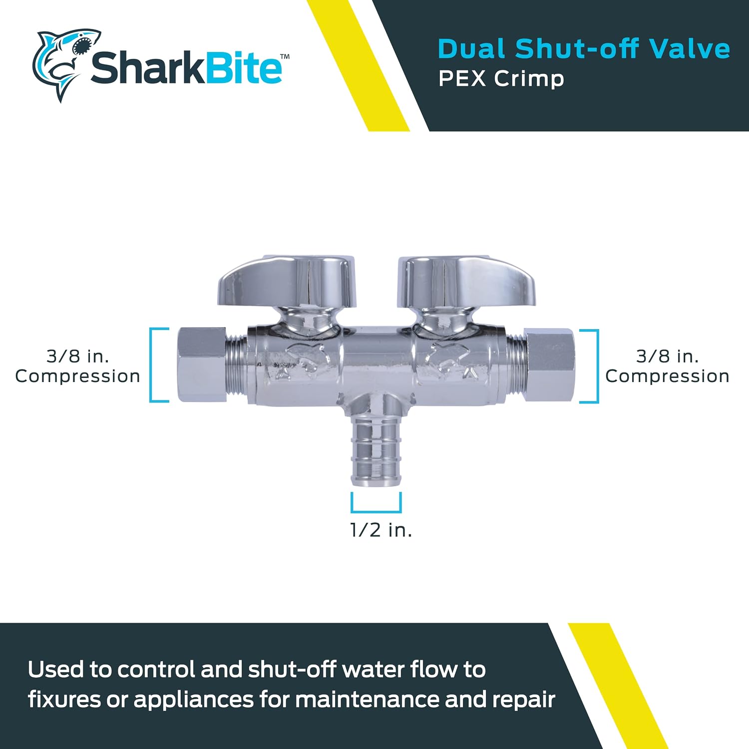 1/2 x 3/8 x 3/8 Inch Brass Crimp Angle Stop Valve, Dual Shut Off, Quarter Turn, PEX Pipe, PE-RT, UCDS123838Z