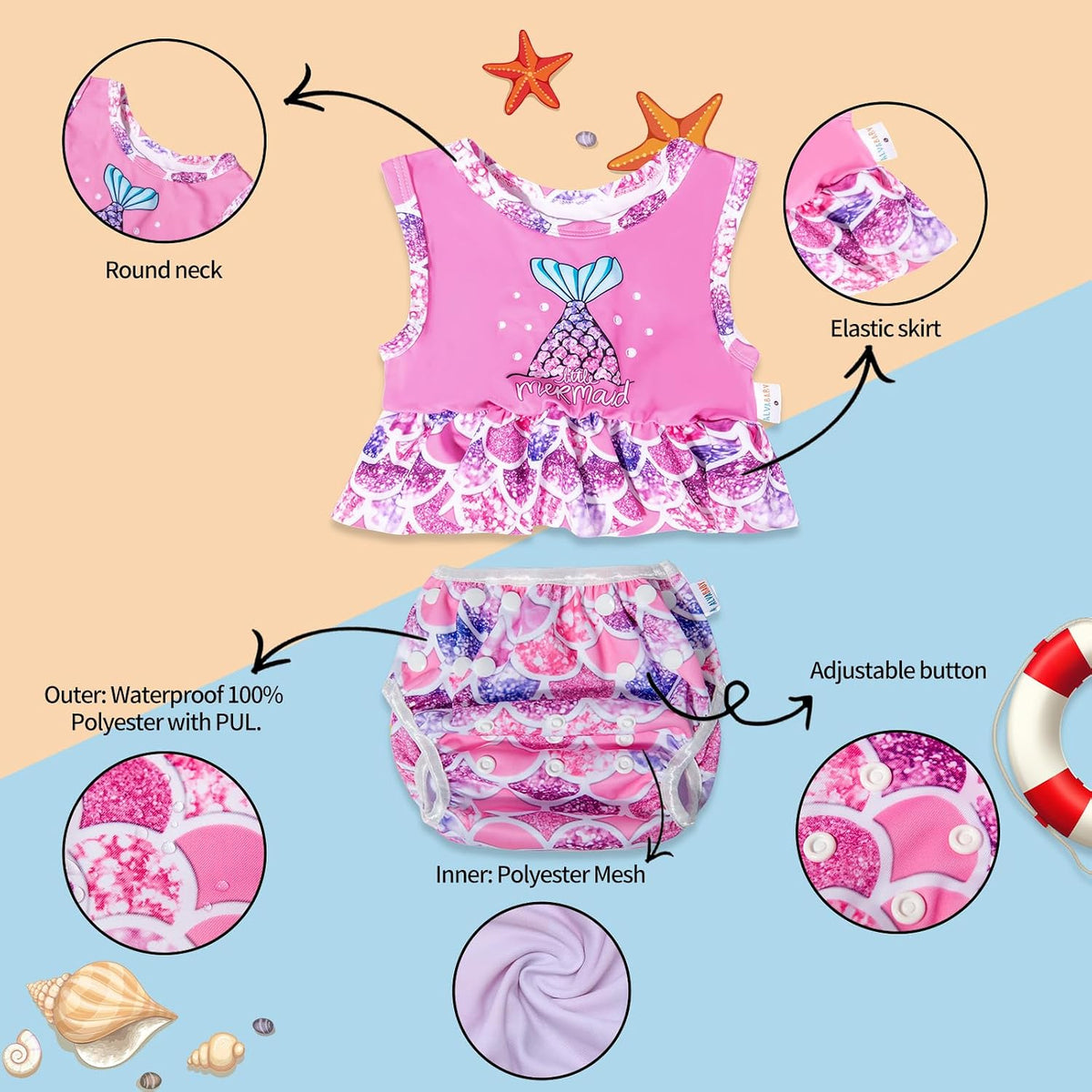 Baby Girls' Bikini Sets Swimwear,Reusable Swim Diaper with Matching Top