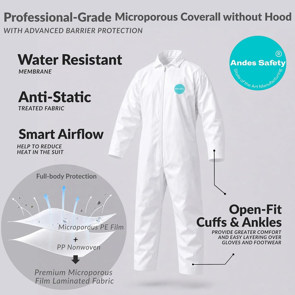 Andes 25 Hazmat Suits, Heavy Duty Paint Suits, Disposable Protective Lab Coveralls with Collar, Non-Elastic Wrists