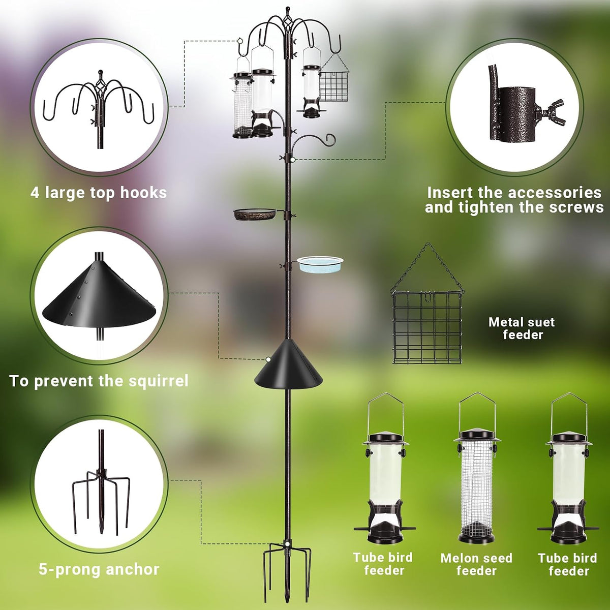 6-Hook Bird Feeding Station Kit with Squirrel Baffle, 94 Inch