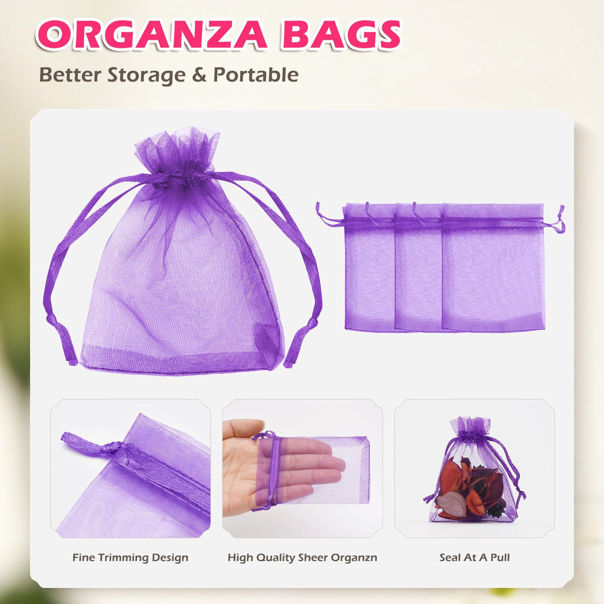 100 Pcs Purple Organza Bags 3×4'', Small Mesh Gift Bag Drawstring