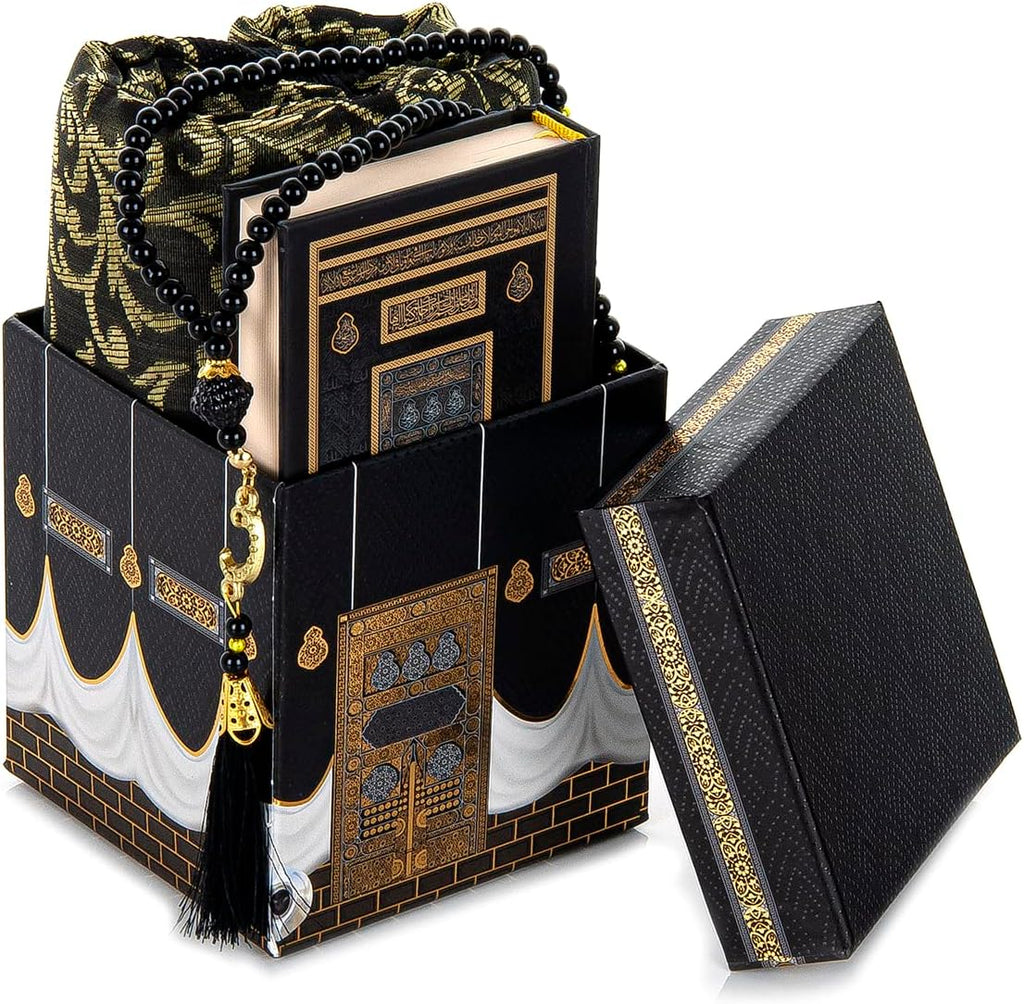 Prayer Rug Set with Mini Quran & Kaaba Cubic Gift Box, Prayer Beads Tasbih, Soft Sajadah, Namaz Mat, Islamic Gift for