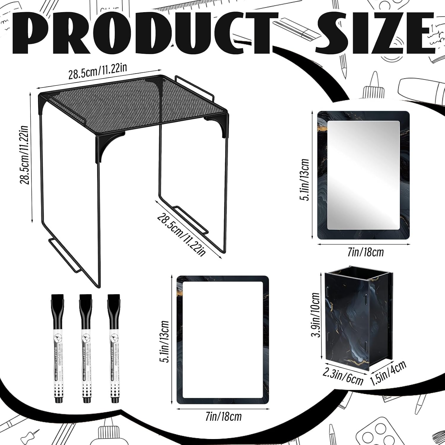 9 Pcs Locker Accessories Kit Black Locker Organizer Magnetic Whiteboard Mirror Pen Holder Pen for Storage Organizing