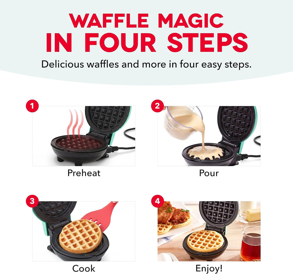 Mini Waffle Maker, 4-Inch Nonstick Cooking Surface, Red | Small Waffle Iron for Dorms & RVs, Chaffle Maker & Compact
