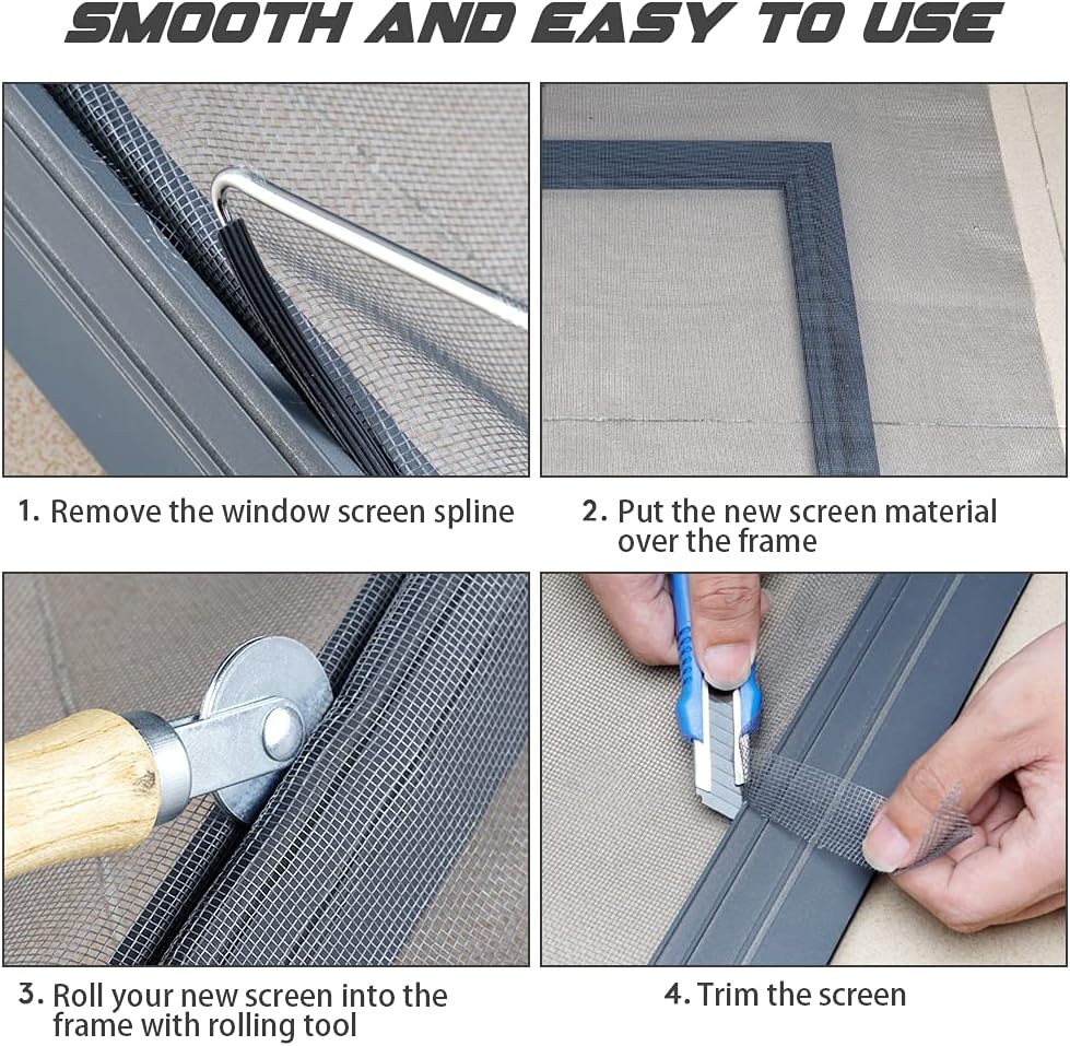Screen Repair Kit Easy DIY Project 36" x 90" Fiberglass Screen Mesh with Rolling Tool and Screen Retainer Spline