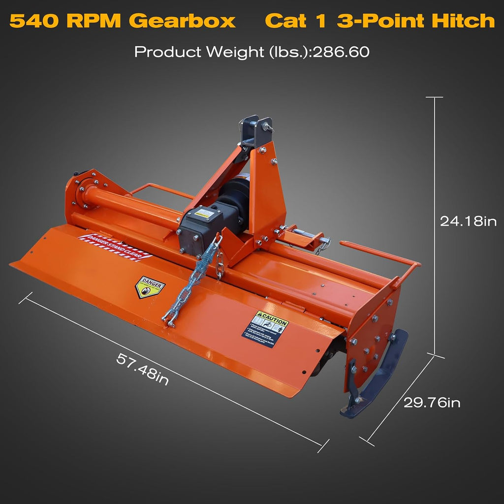 49" Rotary Tiller Attachment for Cat 1 Tractors | 3-Point Hitch, 540RPM Driven Cultivator with Replaceable L-Shaped