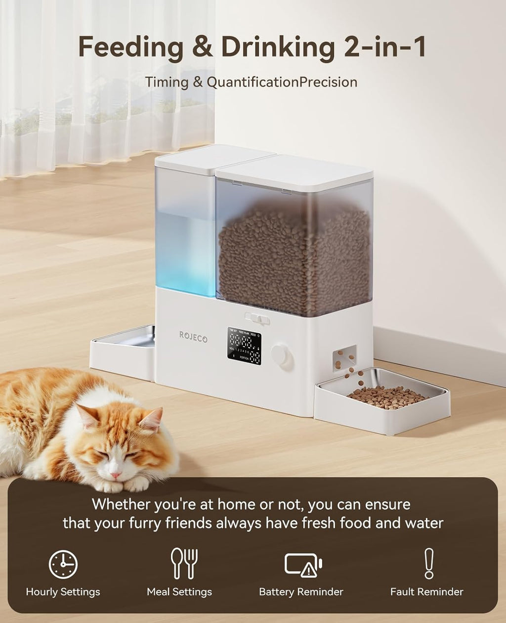 Automatic Cat Feeder and Water Dispenser,36Cups/8.5L 2-in-1 Stainless Steel Bowls Large Capacity Cat Food Dispenser