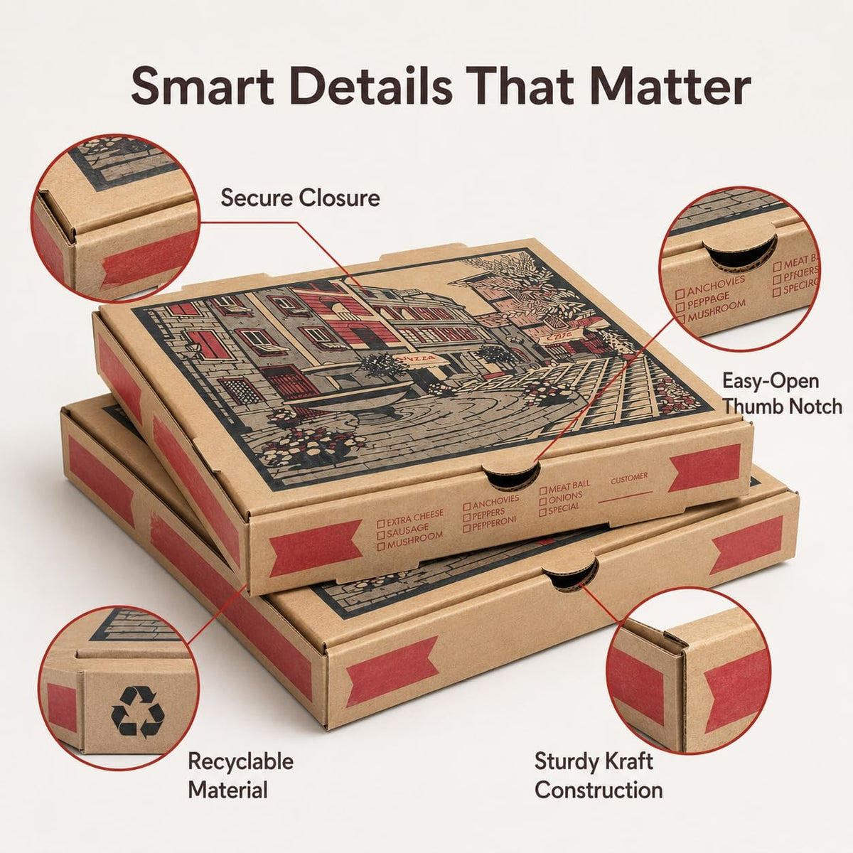 12" x 12" x 2" Corrugated Pizza Boxes | Bulk Pack (10) - Brown Kraft Grease Resistant Takeout Containers | Heavy Duty