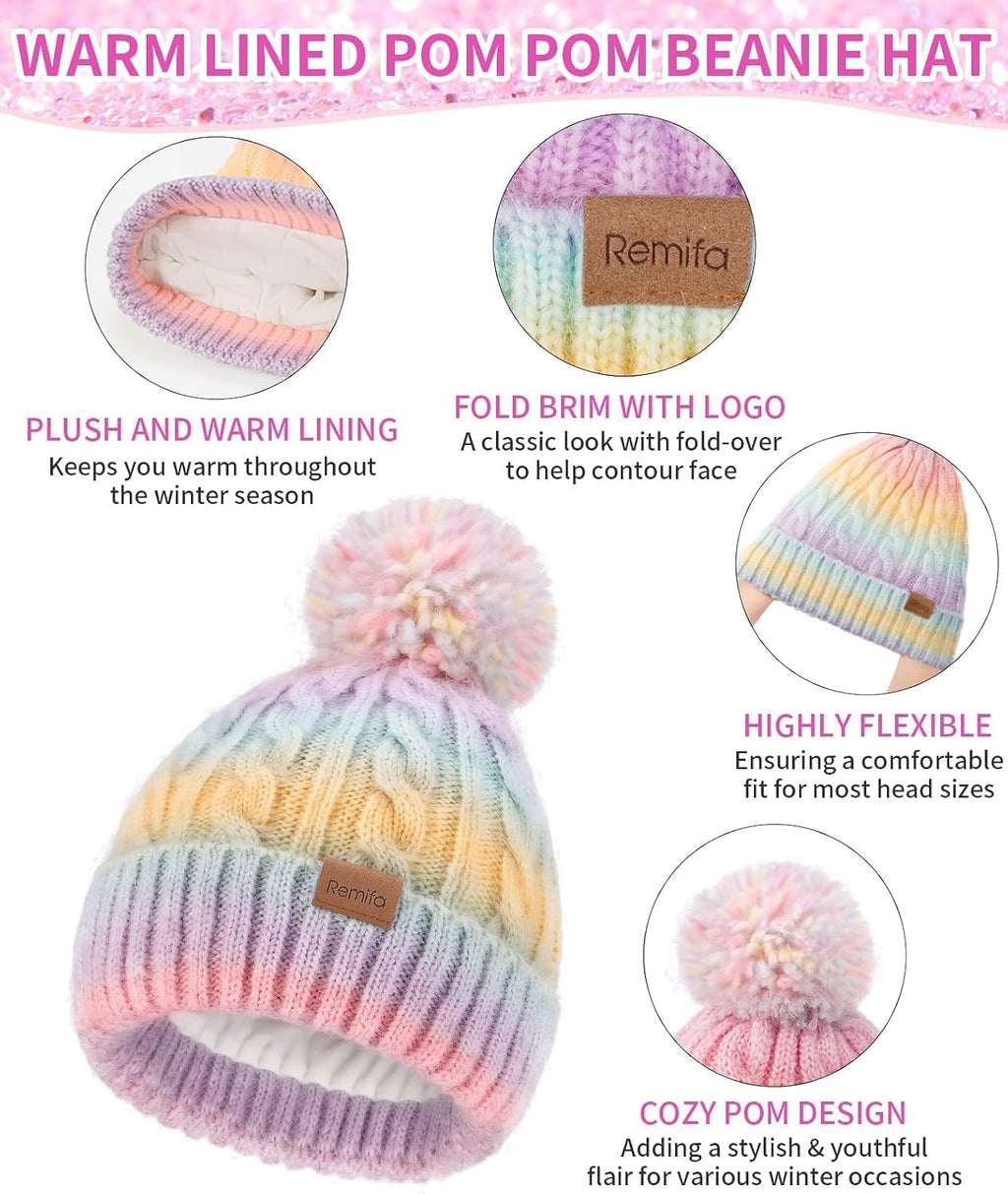 Kids Winter Hat Scarf Gloves Set, Girls Boys Toddler 8% Wool Warm Fleece Beanie Knit Neck Scarf Mittens Christmas Gift