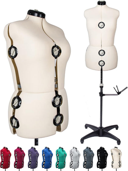 Beige 13 Dials Female Fabric Adjustable Mannequin Dress Form for Sewing, Mannequin Body Torso with Tri-Pod Stand, Up