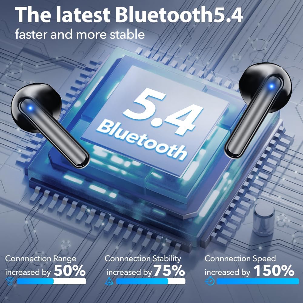 Bluetooth Earbuds Wireless Headphones, 60H Deep Bass Ear Buds with 4 Noise Cancelling Microphone, IP5 Waterproof