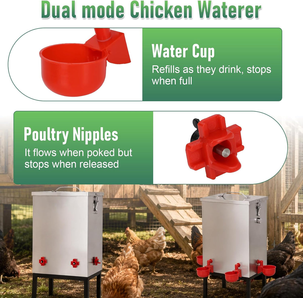 Automatic Chicken Waterer 3 Gallon, 304 Stainless Steel Poultry Waterer with Float Valve, No-Spill Metal Chicken
