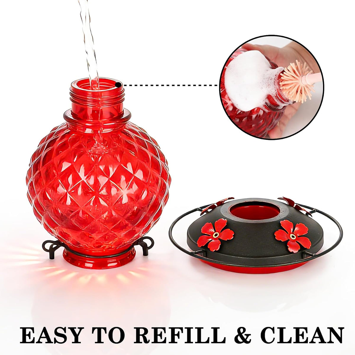 25 OZ Glass Hummingbird Feeder for Outdoors, Leak Proof Hummingbird Feeder with Ant Moat, 4 Bee Resistant Feeding