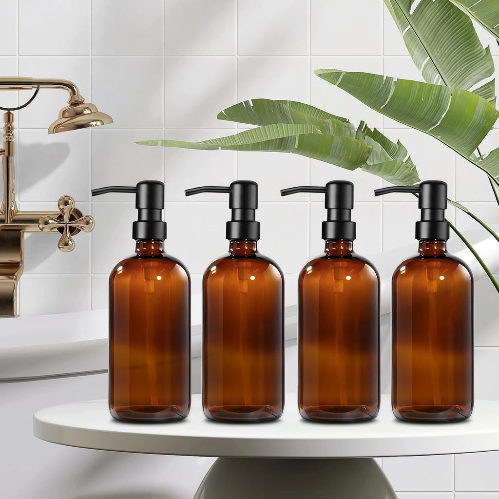 Amber Glass Soap Dispenser, 4 Pack Bathroom Hand Soap Dispensers with Stainless Steel Pump, 17 Fl Oz Kitchen Hand and