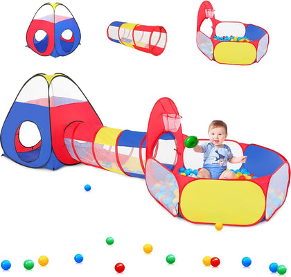 3 in 1 Kids Play Tent with Play Tunnel, Ball Pit, Basketball Hoop for Boys & Girls, Toddler Pop Up Playhouse Toy for
