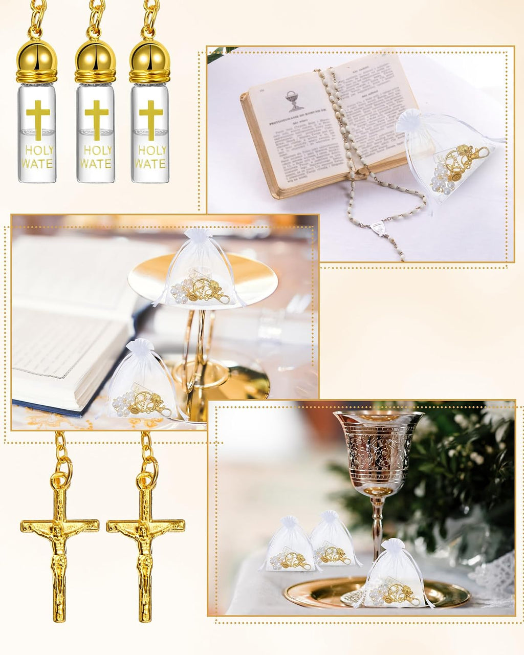 10 Set Holy Water Bottle Keychain with Rosary Bead Crucifix Organza Bags Catholic Gifts for Baptism Favors First