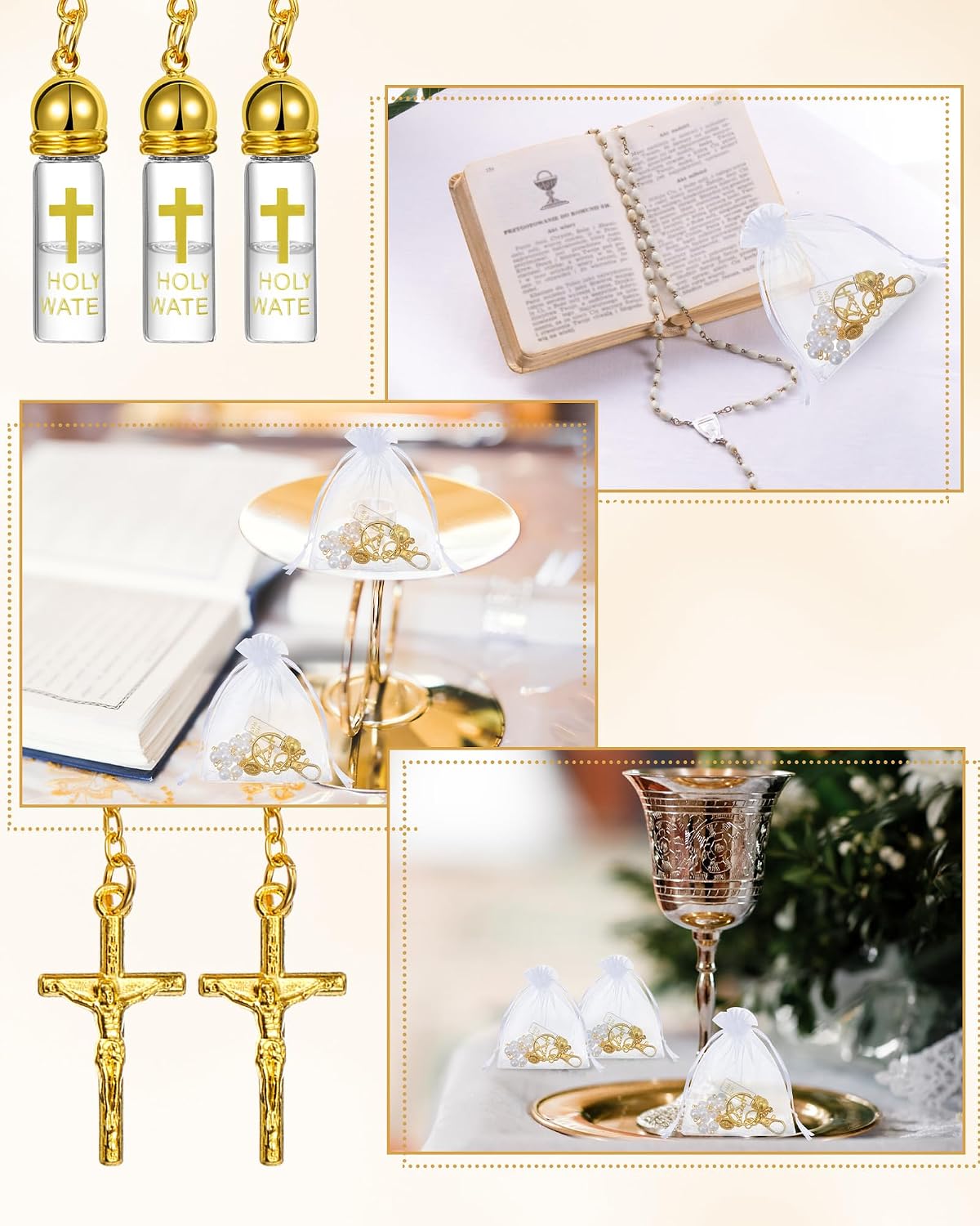 10 Set Holy Water Bottle Keychain with Rosary Bead Crucifix Organza Bags Catholic Gifts for Baptism Favors First