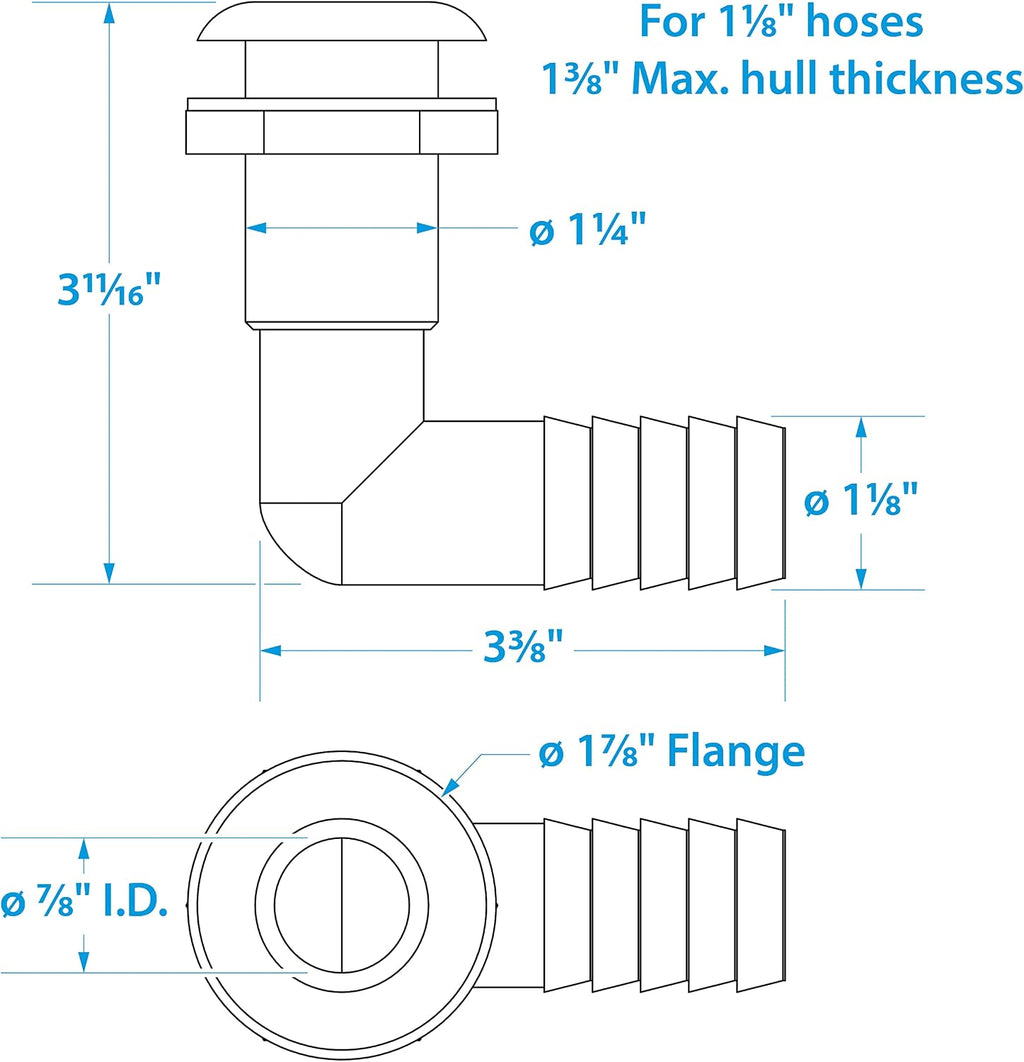 Seachoice 90-Degree Thru-Hull Connector, Fits 1-1/8 in. ID Hose, 1-3/8 in. Max Hull,White