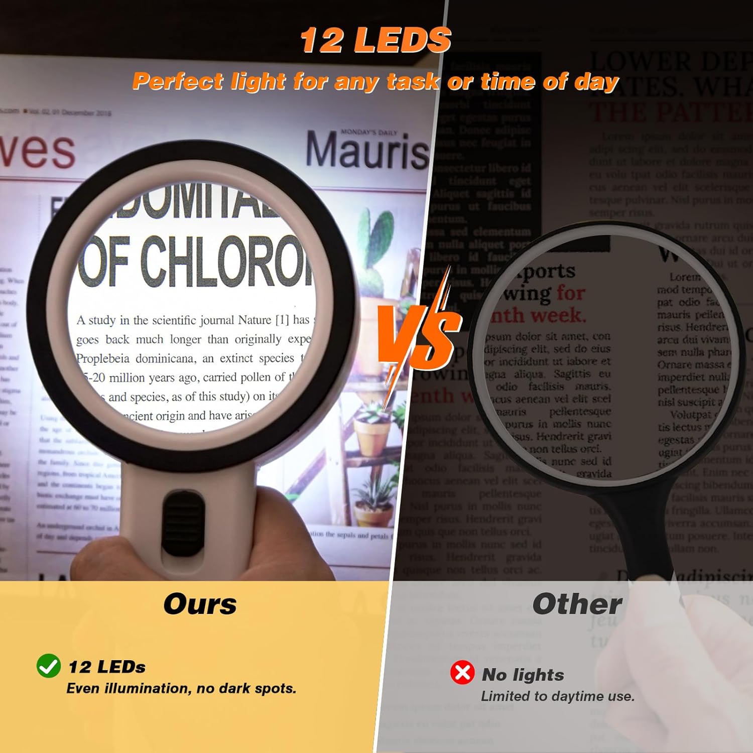 Magnifying Glass with Light, Double-Layer Glass Lens Handheld Large Magnifying Glass 12 LED Lighted Magnifier for