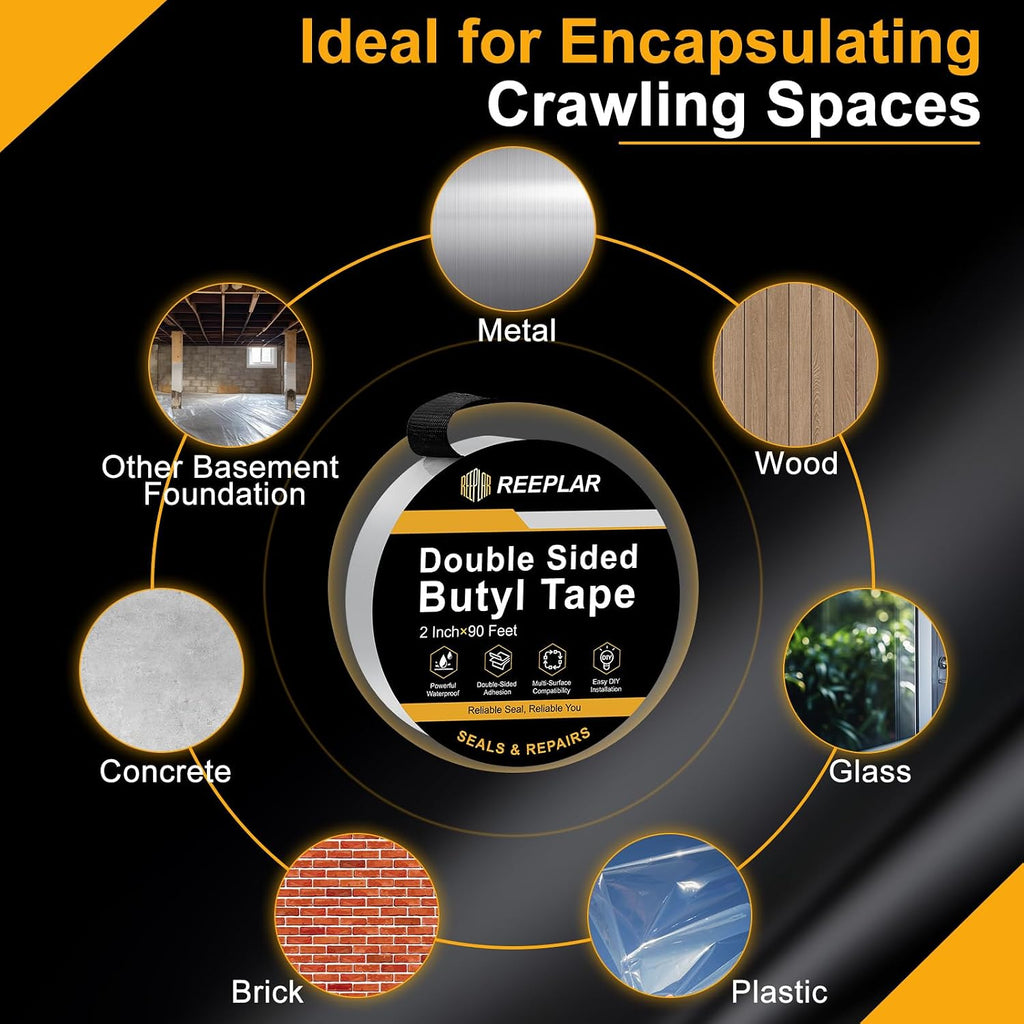 1Pk Double Sided Butyl Tape, 2" x 90 Black for Crawl Space Concrete