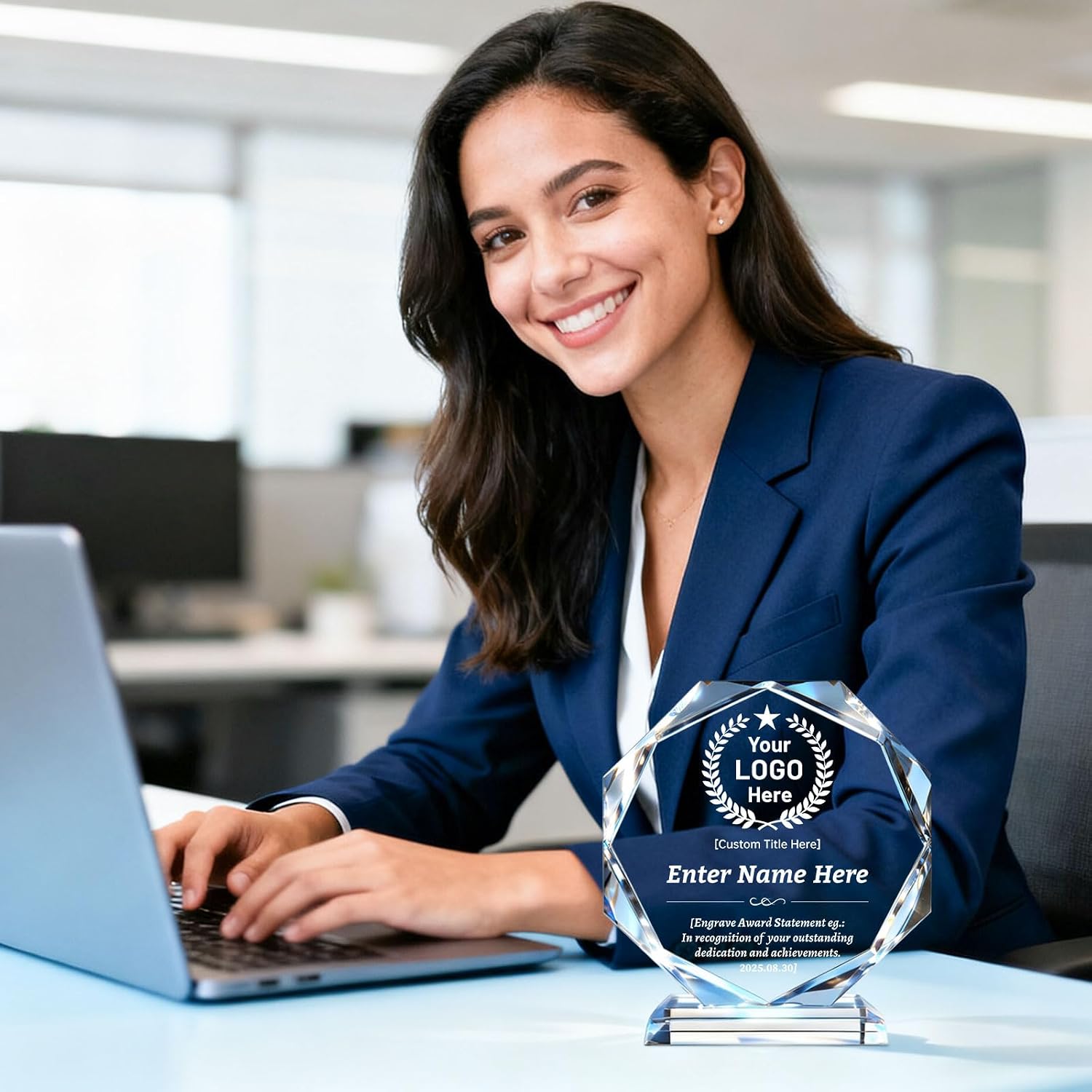 Custom Crystal Trophy Award, Custom Plaque Personalized Engraved with Logo Text, Employee Appreciation Gifts Bulk