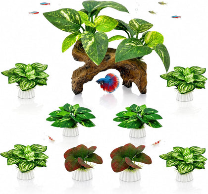9-Pack Silk Aquarium Plants & Driftwood Cave Fish Tank Decor Accessories | Soft Silk Plants Aquarium Decorations