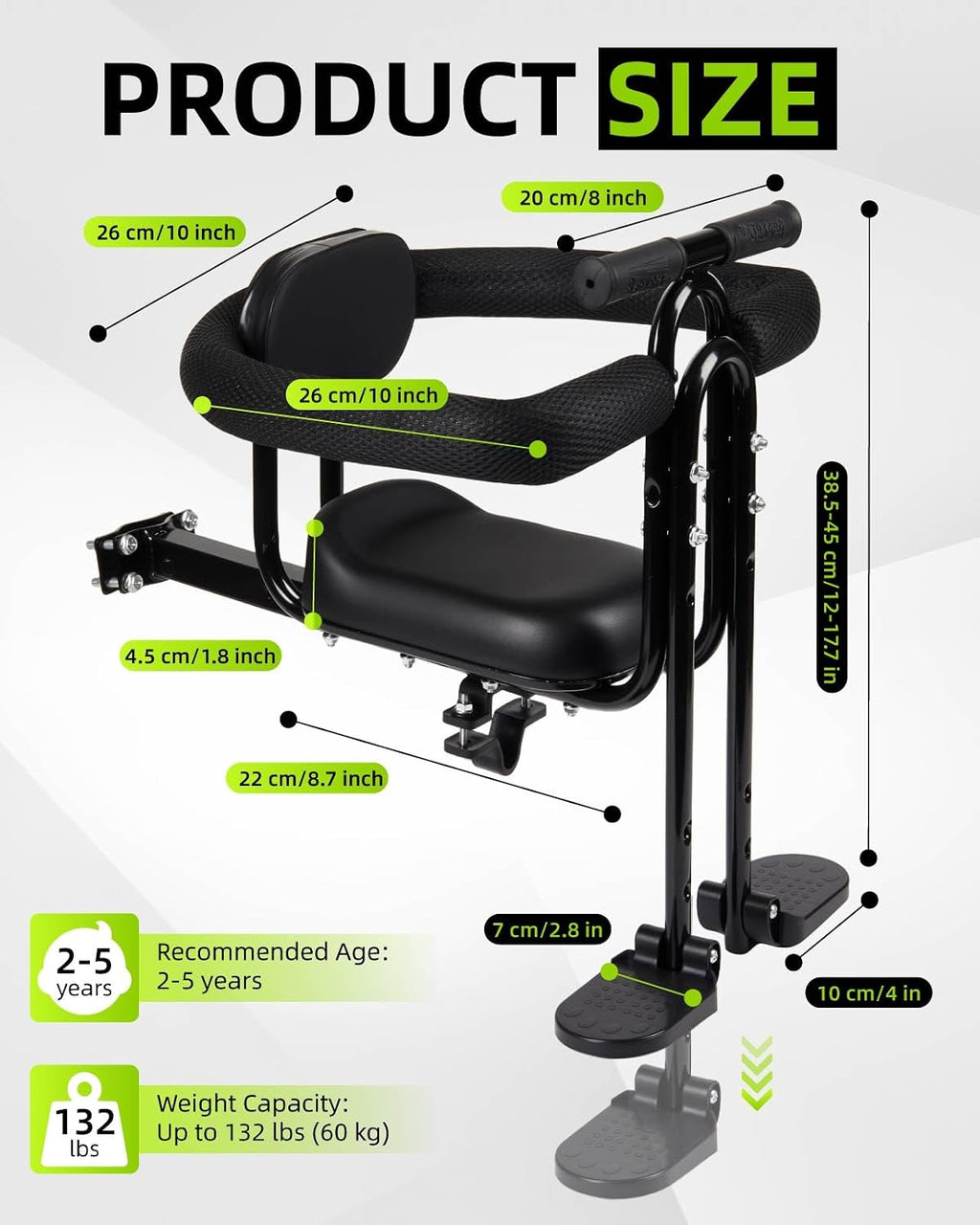 Kids Bike Seat Front Mounted with Handlebar & Guardrail, Child Bike Seat with Foot Pedals, Adjustable Toddler Bicycle