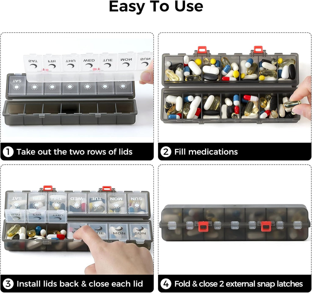 Foldable Pill Organizer Weekly 2 Times a Day, 7 Day Portable AM PM Travel Pill Case with Black&White Labels