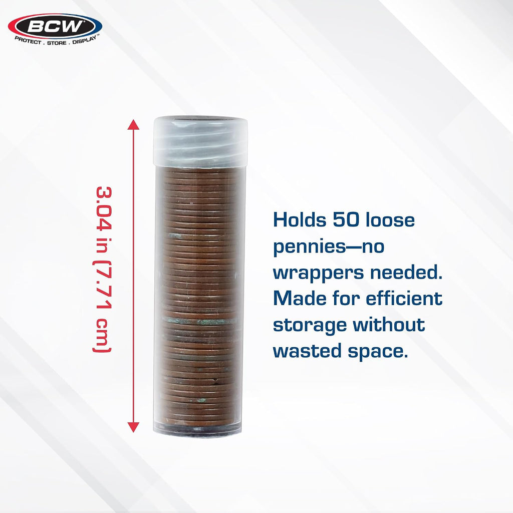 Coin Storage Tubes, Clear Plastic W/Screw on Tops for Pennies (Qty = 10 Tubes) by BCW