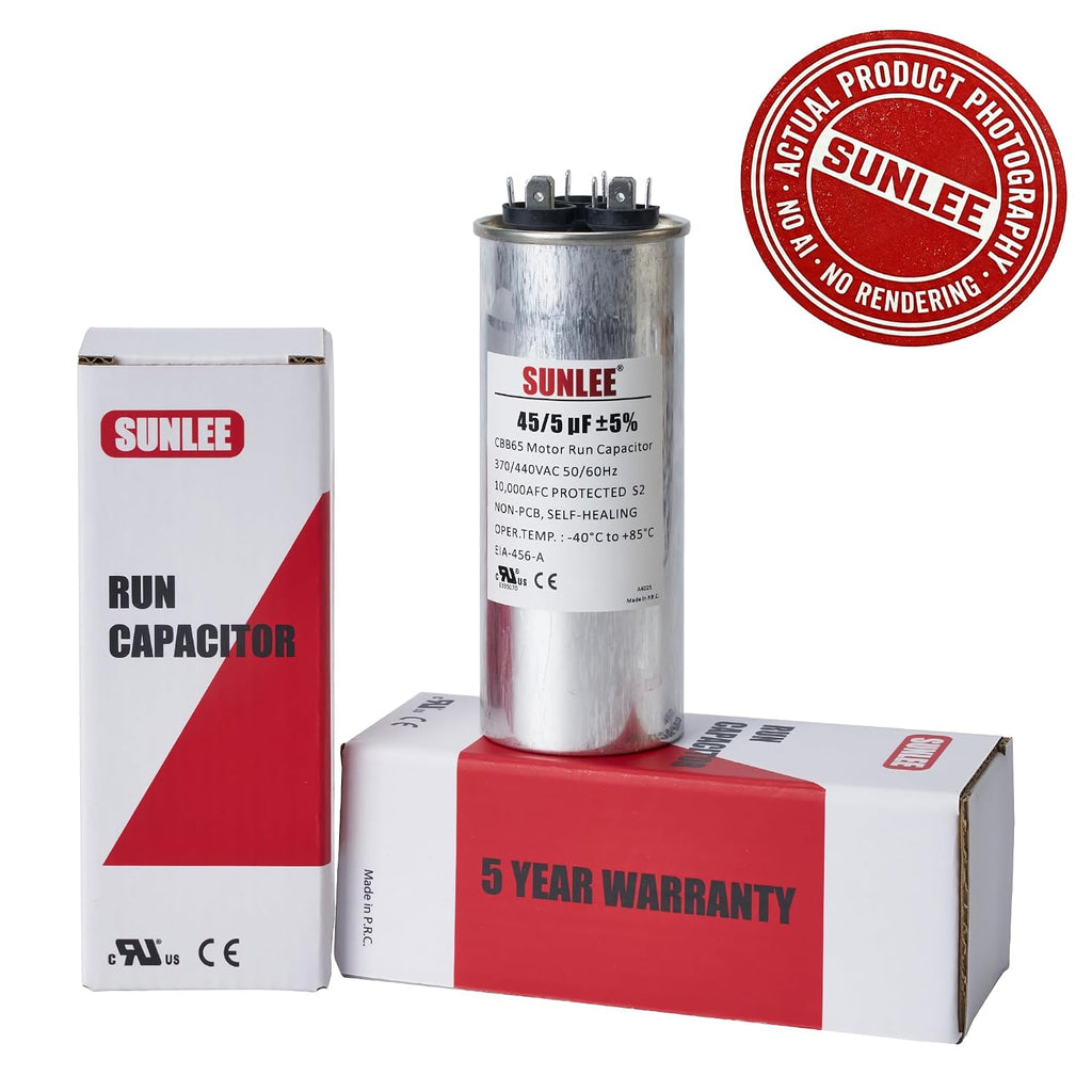 SUNLEE AC Capacitor 45/5 uF 370V / 440V CBB65 Dual Run Round - 45/5 MFD Run Capacitor for HVAC, Air Conditioner Condenser - UL Recognized & 5 Year Warranty