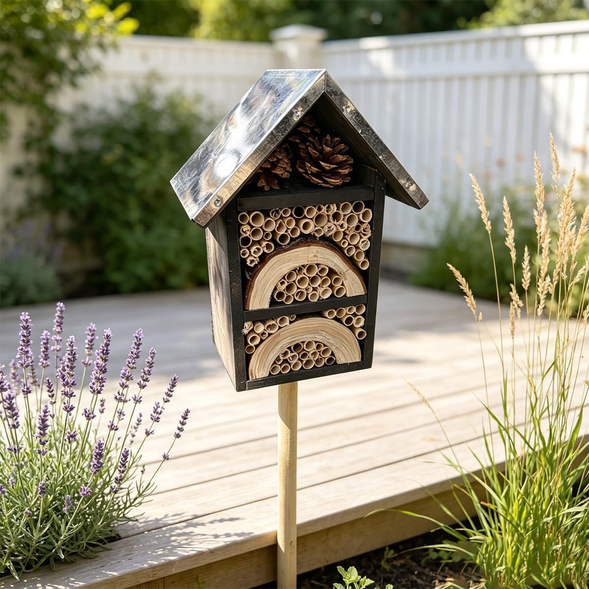 Wooden Insect Hotel with Ground Stake, Metal Roof Mason Bee House, Natural Bamboo Bug Habitat for Butterflies