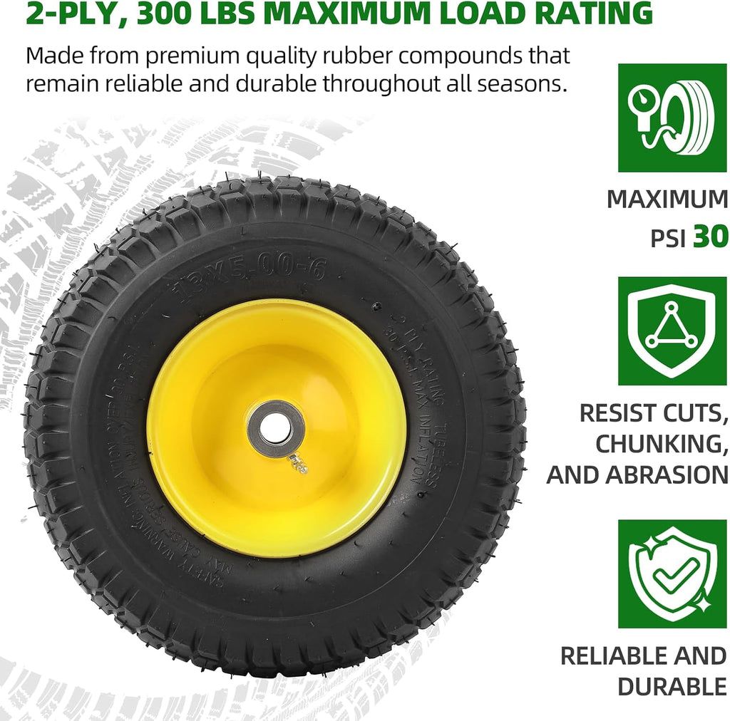 (2-Pack) 13x5.00-6 Front Tire and Wheel Assembly, 4-Ply Tubeless Turf Tire with Rim for Riding Mower Lawn Tractor