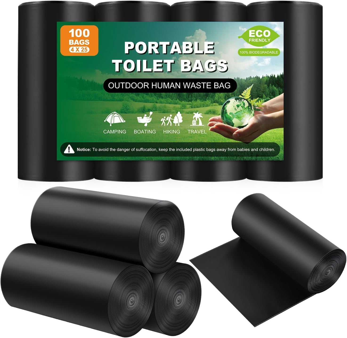 100 Portable Toilet Bags Thick Biodegradable Camping Toilet Bags for Portable Potty, 8 Gal Compost Toilet Waste Bag