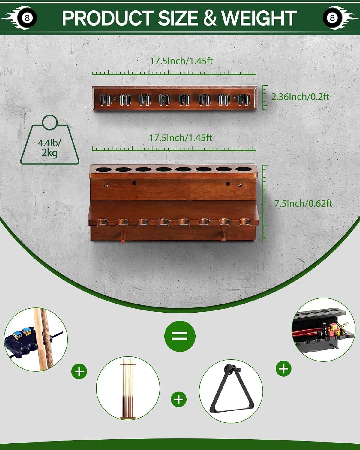 Wall Mount Pool Stick Holder - Billiards Pool Cue Rack Hardwood Pool Cue Set Holder for 8 Cues Sticks Storage Pool
