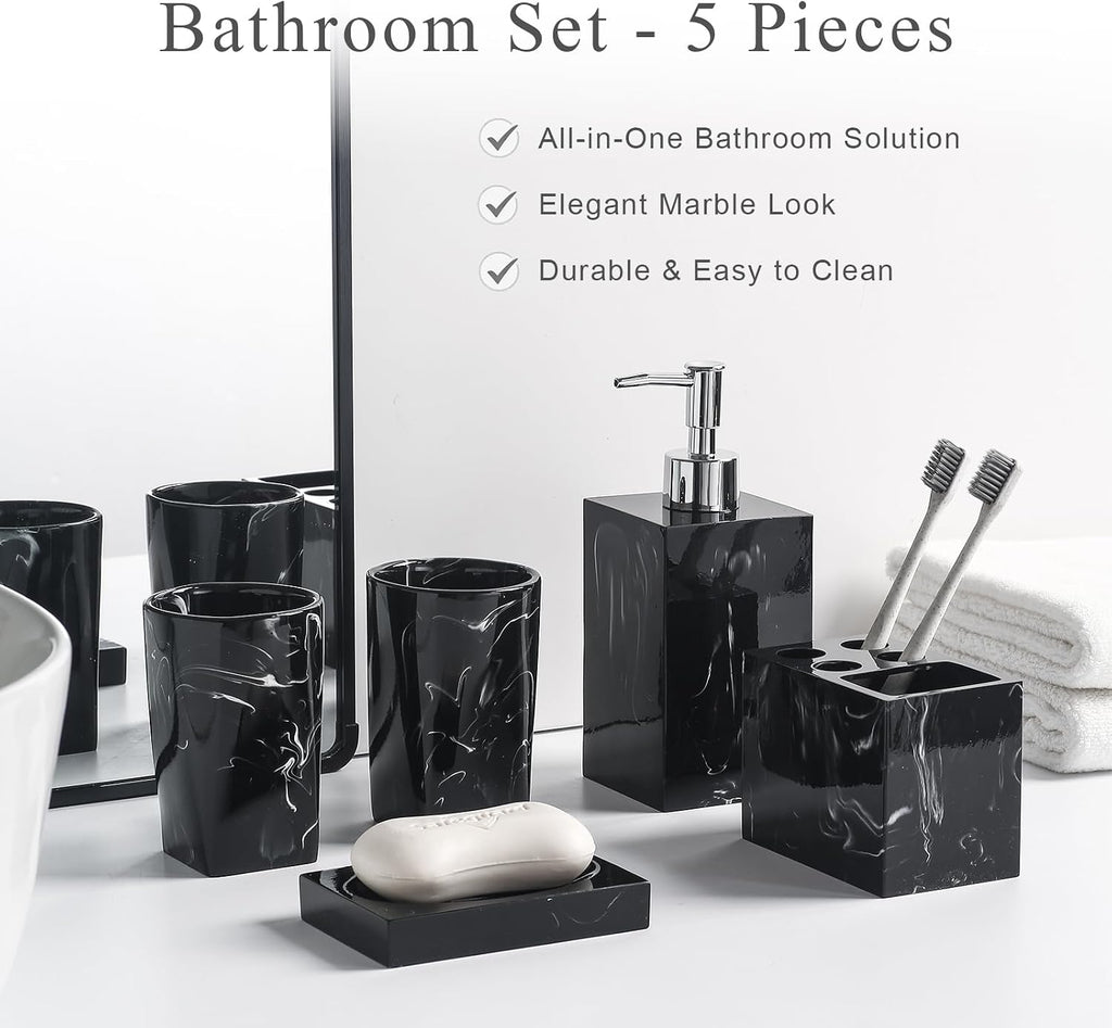 5 Piece Bathroom Accessories Set, Marble Resin Bathroom Vanity Set, Soap Dispenser, Toothbrush Holder, Soap Dish & 2