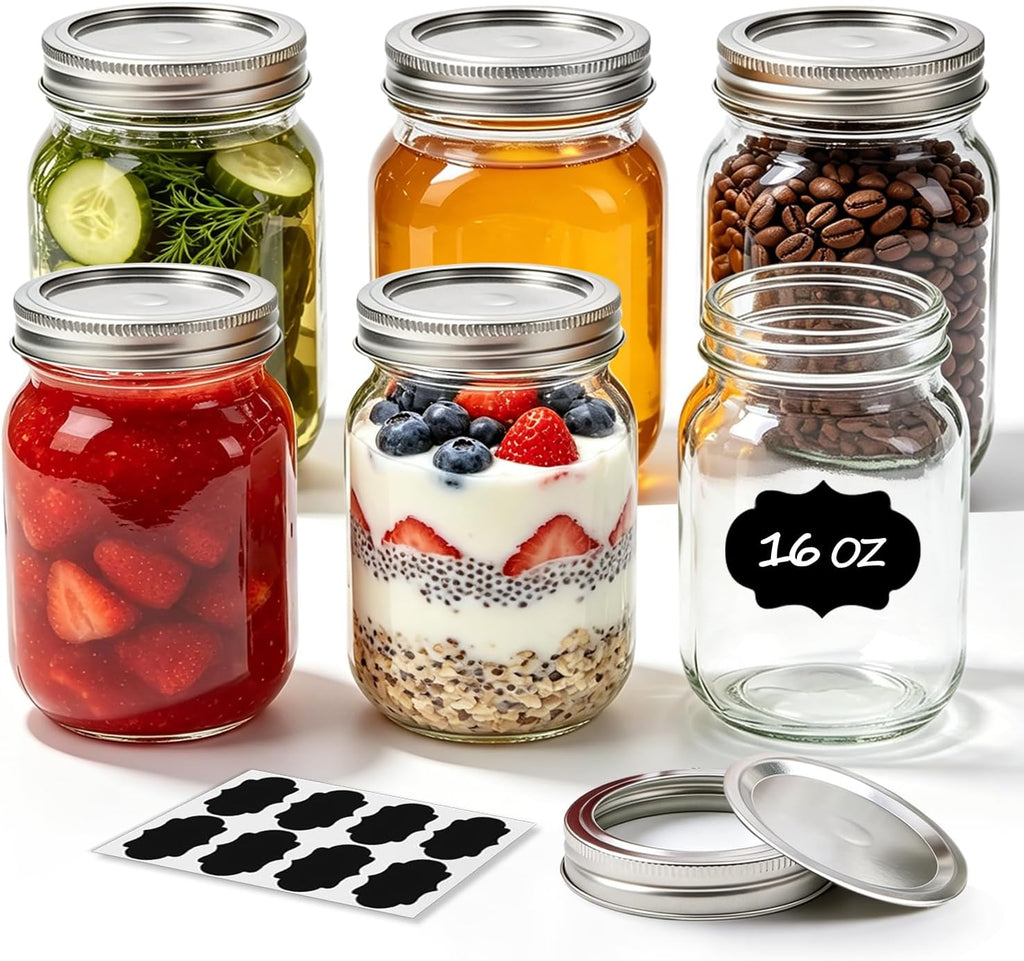 Regular Mouth Mason Jars 16 oz with Lids, 6 Pack Canning Jars