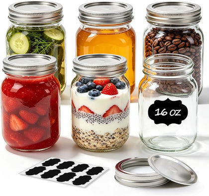 Regular Mouth Mason Jars 16 oz with Lids, 6 Pack Canning Jars