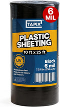Plastic Sheeting (10' x 25') Long, 6 Mil (Black) - UV Protection Poly Sheeting Polyethylene Film, Heavy Duty