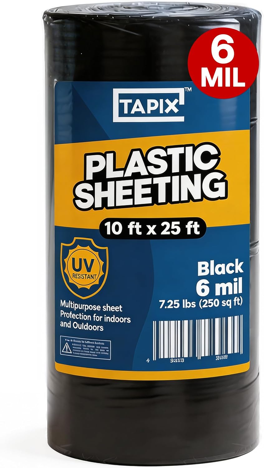 Plastic Sheeting (10' x 25') Long, 6 Mil (Black) - UV Protection Poly Sheeting Polyethylene Film, Heavy Duty