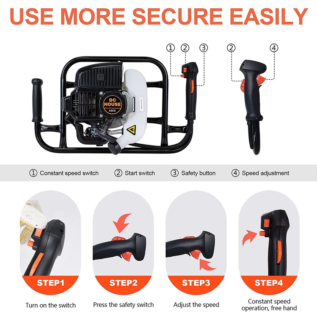 52cc 1800W Gas Powered Earth Auger EPA Certified Post Hole Digger, with 2 Drill Bits 6" 10", Mixing Ratio 30:1
