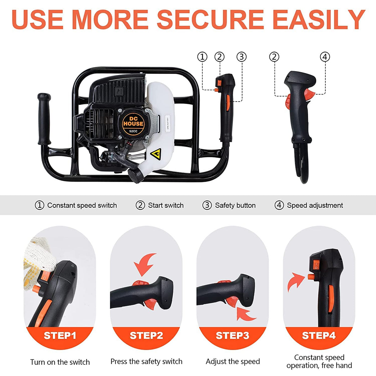 52cc 1800W Gas Powered Earth Auger EPA Certified Post Hole Digger, with 2 Drill Bits 6" 10", Mixing Ratio 30:1